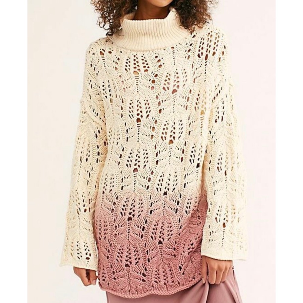 Free People Dip Baby Dip Ombre Open Knit Turtleneck Sweater Pink Cream s